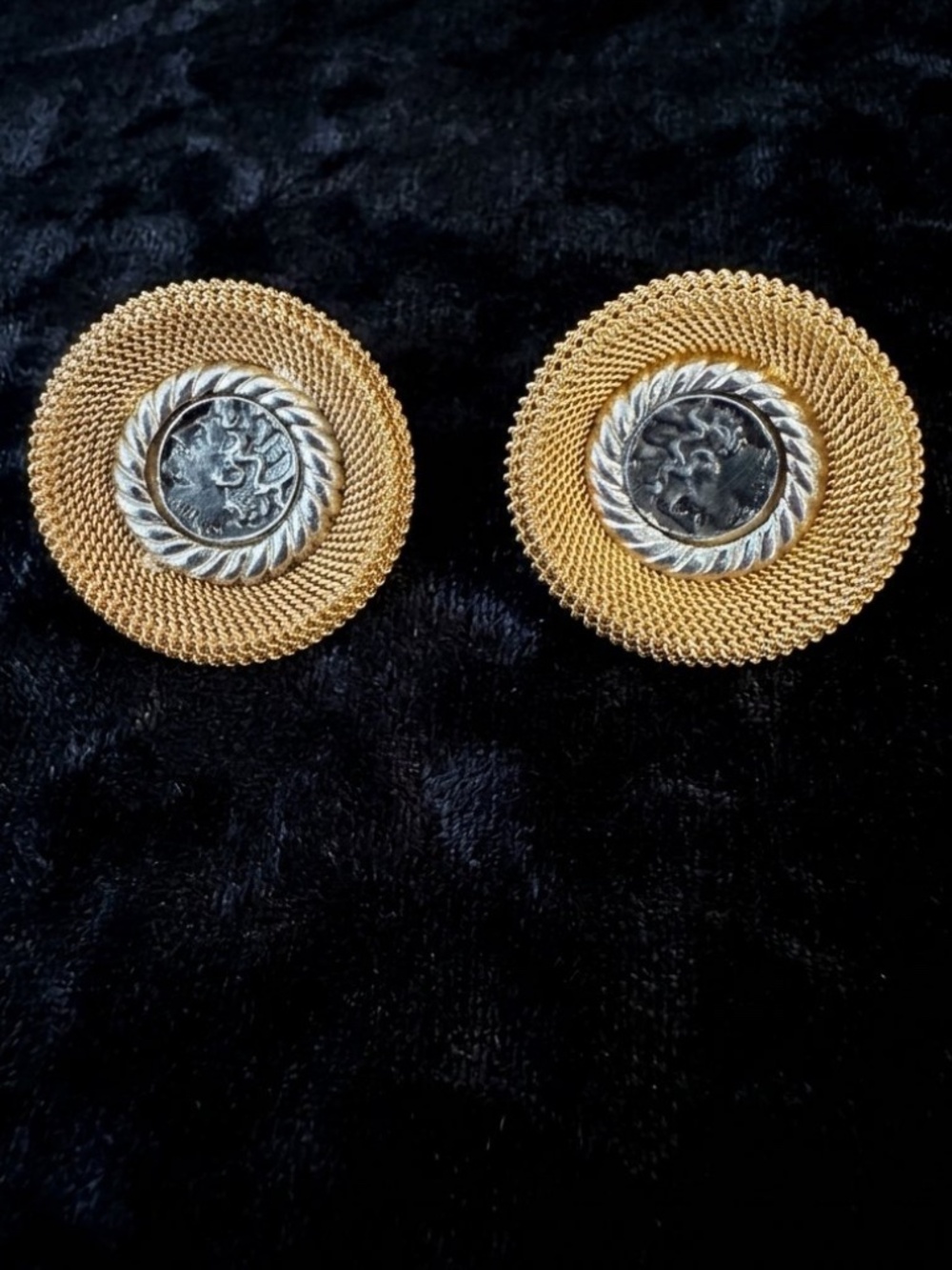 Vintage Unsigned Ciner Style Two-Tone Roman Coin Woven Mesh Clip Earrings